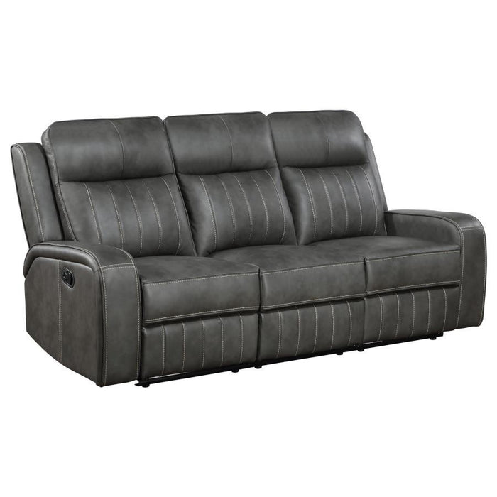 Raelynn - Upholstered Track Arm Motion Sofa - Gray – Reclining Sofas by Coaster Fine Furniture at Furniture Wholesale Plus , Nashville furniture store