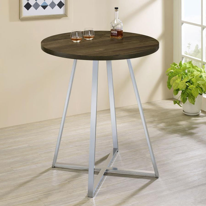 Burkhart - Round Pub Height Bistro Bar Table - Brown Oak – Bar Tables by CoasterEveryday at Furniture Wholesale Plus , Nashville furniture store