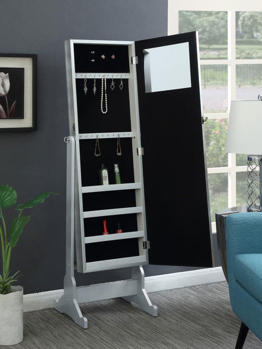 Elle - Cheval Mirror With Jewelry Storage - Silver – Storage Mirrors by CoasterEveryday at Furniture Wholesale Plus , Nashville furniture store