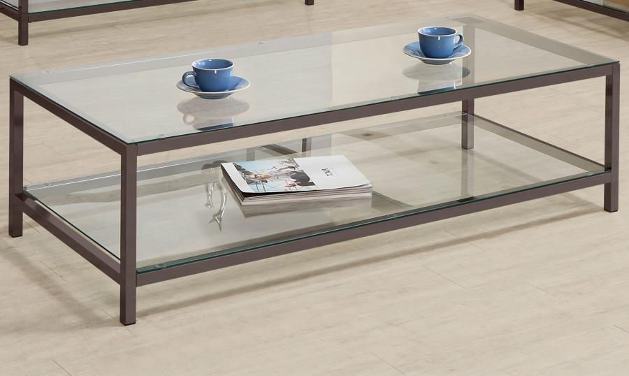 Trini - 1-Shelf Glass Top Coffee Table - Black Nickel – Coffee Tables by CoasterEssence at Furniture Wholesale Plus , Nashville furniture store