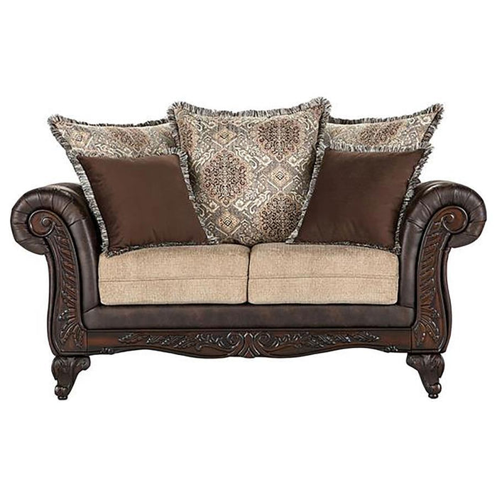 Elmbrook - Upholstered Rolled Arm Loveseat - Brown – Stationary Loveseats by Coaster Fine Furniture at Furniture Wholesale Plus , Nashville furniture store