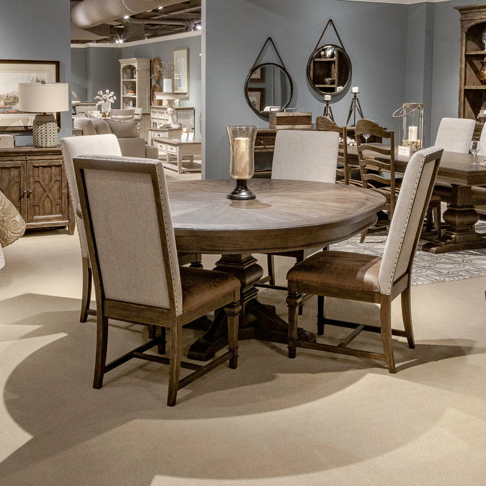 Paradise Valley - 5 Piece Pedestal Table Set (Upholstered Side Chairs) - Saddle Brown – 5 Piece Dining Room Sets by Liberty Furniture at Furniture Wholesale Plus , Nashville furniture store