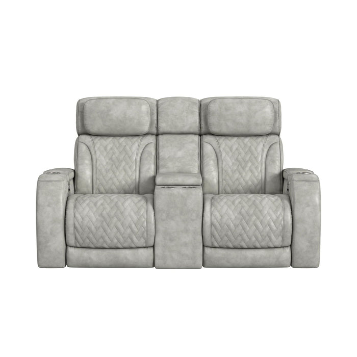Prime Time - P3 Loveseat With Console, 7 Colors Led, Cup Holders And Wireless Charger Controller - Leather Gel Light Gray – Reclining Loveseats by Elements International at Furniture Wholesale Plus , Nashville furniture store