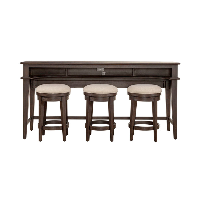 Mill Creek - 4 Piece Console Set (Bar Console & 3 Stools) - Peppercorn – 4 Piece Living Room Sets by Liberty Furniture at Furniture Wholesale Plus , Nashville furniture store