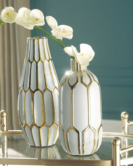 Mohsen - Vase Set (Set of 2) - Gold Finish / White – Vases & Jars by Signature Design by Ashley® at Furniture Wholesale Plus , Nashville furniture store