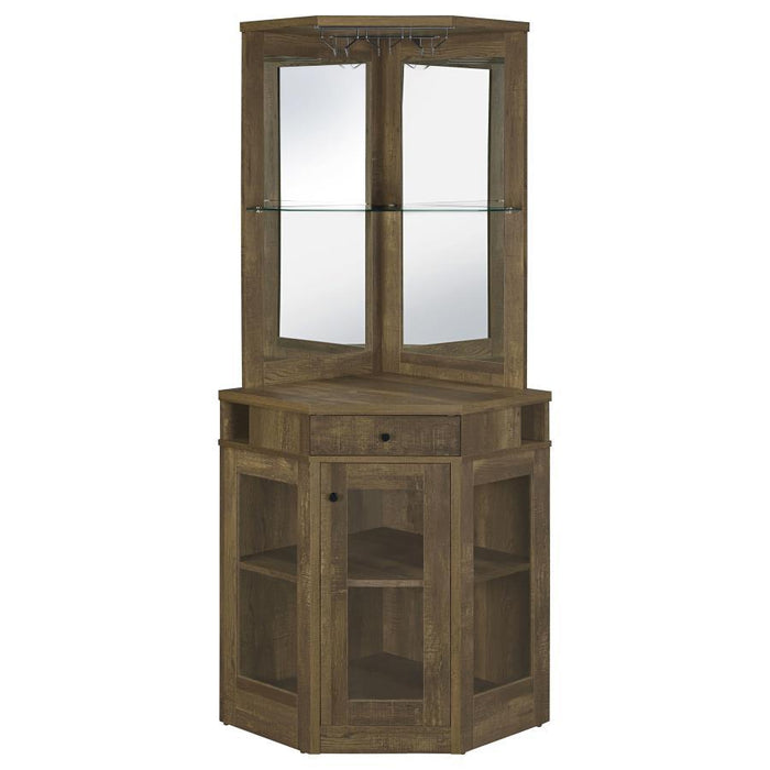 Alviso - 1-Drawer Corner Home Bar Wine Cabinet - Rustic Oak - Premium Wine Cabinets from CoasterEveryday - Just $419! Shop now at Furniture Wholesale Plus  We are the best furniture store in Nashville, Hendersonville, Goodlettsville, Madison, Antioch, Mount Juliet, Lebanon, Gallatin, Springfield, Murfreesboro, Franklin, Brentwood