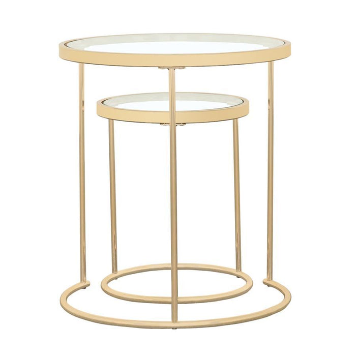 Maylin - 2 Piece Round Glass Top Nesting Table Set - Gold – Nesting Tables by CoasterElevations at Furniture Wholesale Plus , Nashville furniture store