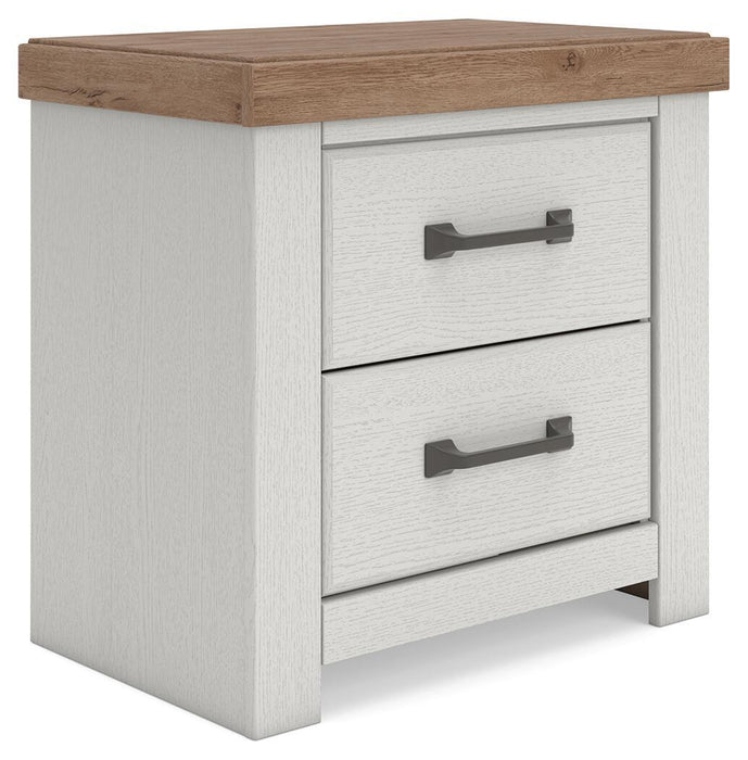 Savonport - Two Drawer Night Stand - White / Brown – Nightstands w/ Charging Stations by Benchcraft® at Furniture Wholesale Plus , Nashville furniture store
