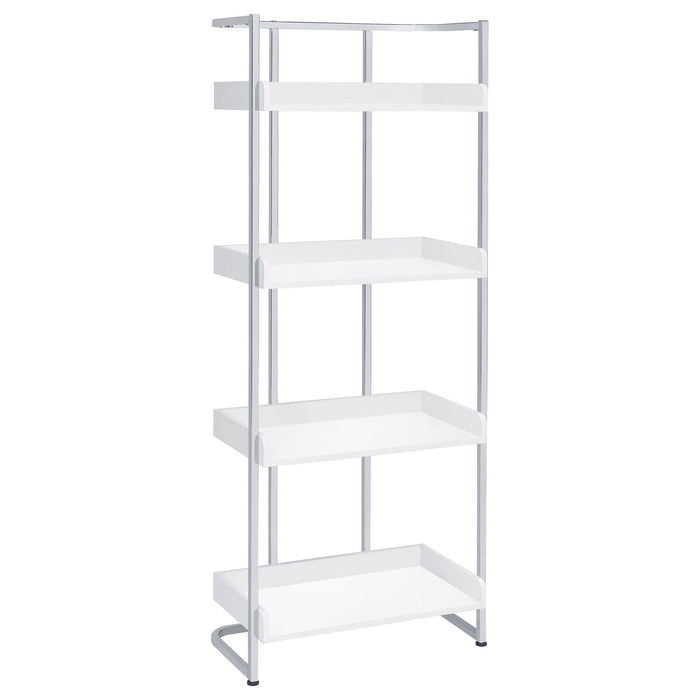 Ember 4-shelf Bookcase White High Gloss and Chrome - Premium Bookcase from Coaster Z2 Standard - Just $250! Shop now at Furniture Wholesale Plus  We are the best furniture store in Nashville, Hendersonville, Goodlettsville, Madison, Antioch, Mount Juliet, Lebanon, Gallatin, Springfield, Murfreesboro, Franklin, Brentwood