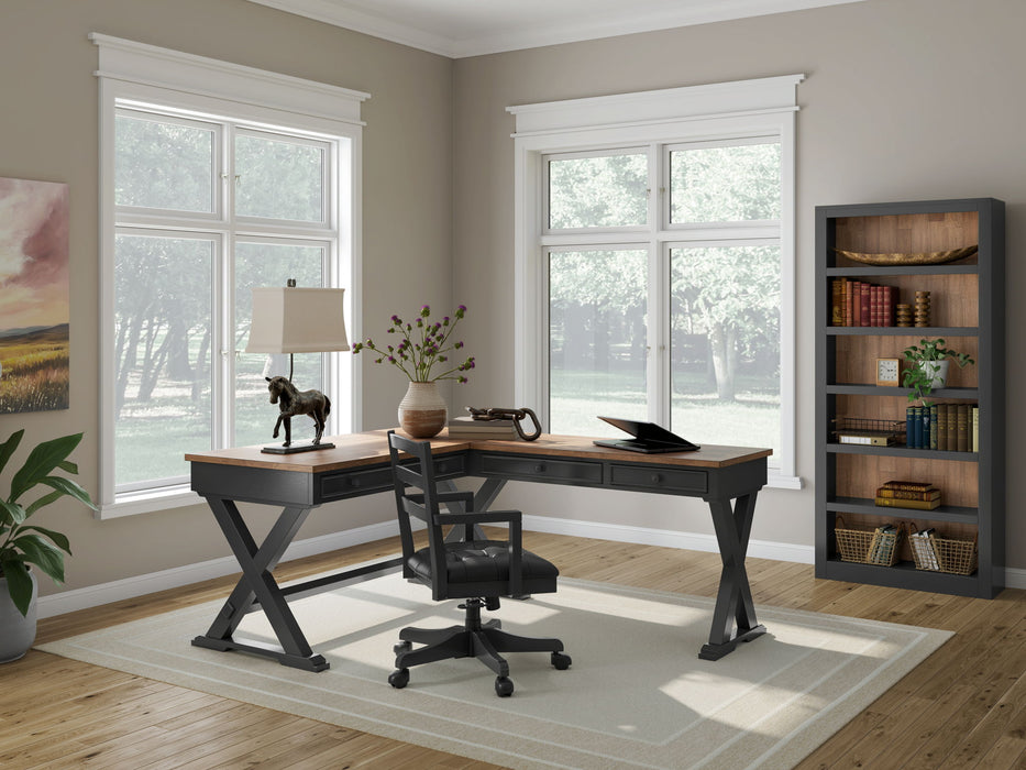 Wildenauer - 4 Pc. - Home Office Desk And Return, Swivel Desk Chair, Bookcase - Brown / Black – 4 Piece Home Office Sets by Signature Design by Ashley® at Furniture Wholesale Plus , Nashville furniture store