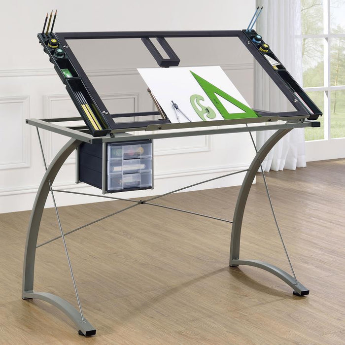 Melo - Glass Top Drafting Table With Storage - Silver – Writing Desks by CoasterEveryday at Furniture Wholesale Plus , Nashville furniture store