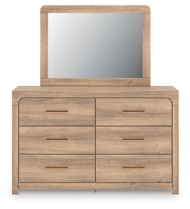 Kinlanni - 3 Pc. - Queen Upholstered Panel Bed With Roll Slats, Dresser And Mirror - Tan – 3 Piece Bedroom Sets by Signature Design by Ashley® at Furniture Wholesale Plus , Nashville furniture store