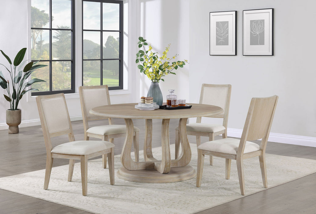 Trofello - 5 Piece Round Dining Table Set - White Washed – 5 Piece Dining Room Sets by Coaster Fine Furniture at Furniture Wholesale Plus , Nashville furniture store