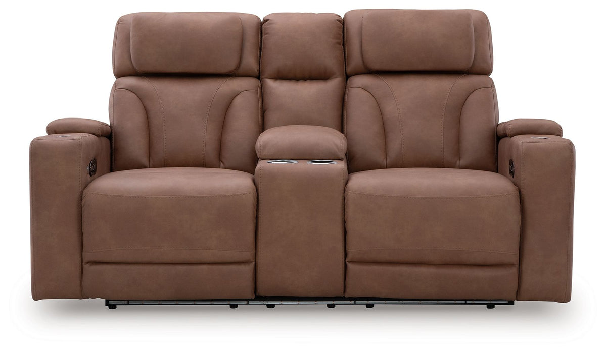 Clean-Slate - Power Reclining Loveseat With Console / Adj Headrest - Caramel – Reclining Loveseats by Signature Design by Ashley® at Furniture Wholesale Plus , Nashville furniture store