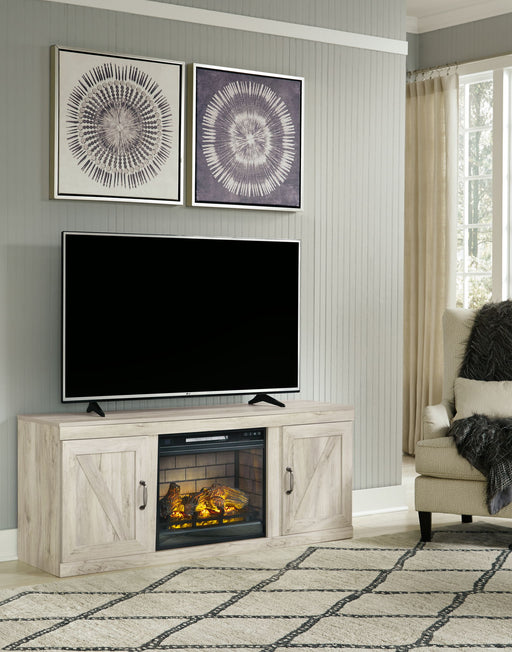 Bellaby - TV Stand With Faux Firebrick Fireplace Insert - Whitewash – Fireplace TV Stands by Signature Design by Ashley® at Furniture Wholesale Plus , Nashville furniture store