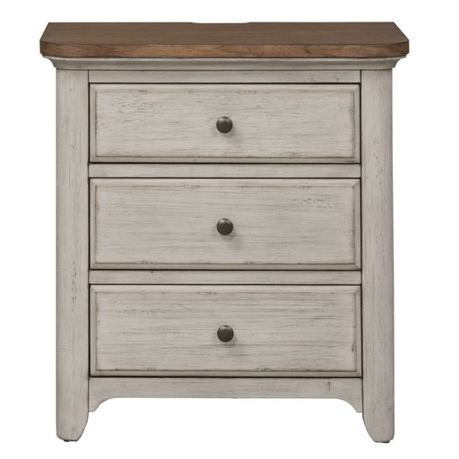 Farmhouse Reimagined - 3 Drawer Nightstand With Charging Station - Antique White / Chestnut Tops – Nightstands w/ Charging Stations by Liberty Furniture at Furniture Wholesale Plus , Nashville furniture store