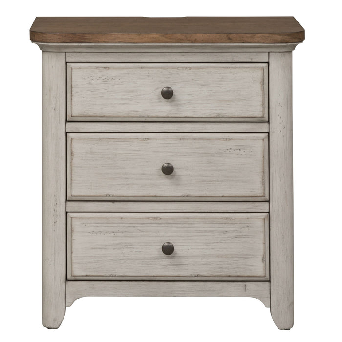 Farmhouse Reimagined - 3 Drawer Nightstand With Charging Station - Antique White / Chestnut Tops – Nightstands w/ Charging Stations by Liberty Furniture at Furniture Wholesale Plus , Nashville furniture store