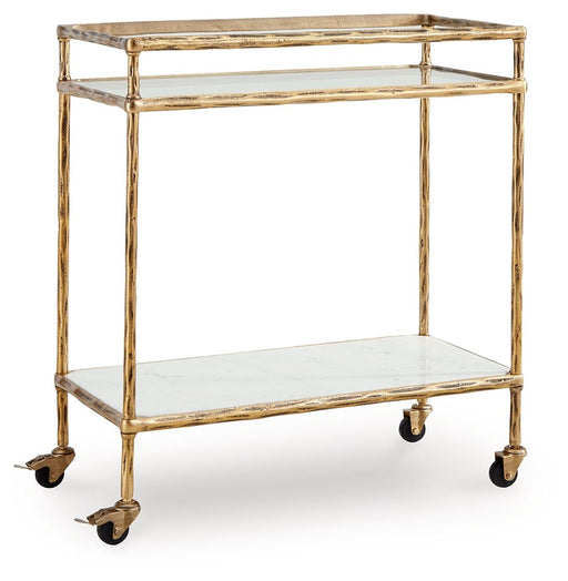 Plattfield - Antique Gold Finish - Bar Cart - Premium Bar Carts from Signature Design by Ashley® - Just $258! Shop now at Furniture Wholesale Plus  We are the best furniture store in Nashville, Hendersonville, Goodlettsville, Madison, Antioch, Mount Juliet, Lebanon, Gallatin, Springfield, Murfreesboro, Franklin, Brentwood