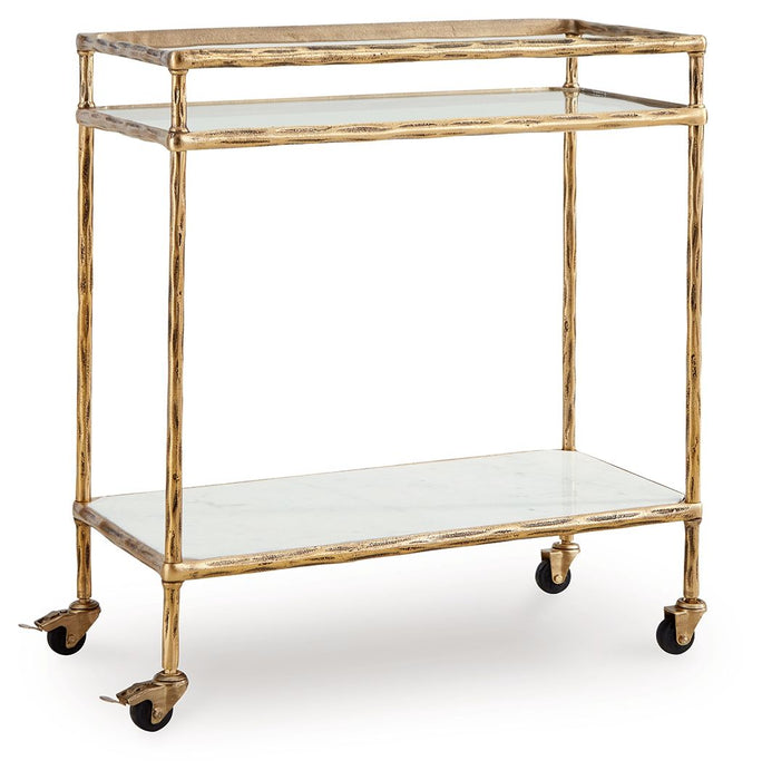 Plattfield - Antique Gold Finish - Bar Cart - Premium Bar Carts from Signature Design by Ashley® - Just $258! Shop now at Furniture Wholesale Plus  We are the best furniture store in Nashville, Hendersonville, Goodlettsville, Madison, Antioch, Mount Juliet, Lebanon, Gallatin, Springfield, Murfreesboro, Franklin, Brentwood