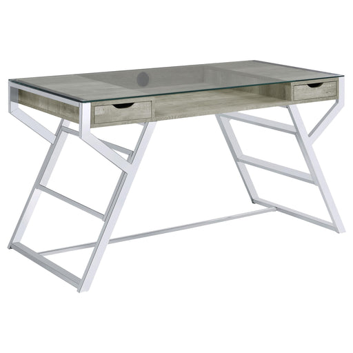 Emelle 2-drawer Glass Top Writing Desk Grey Driftwood and Chrome - Premium Desk from Coaster Z2 Standard - Just $398! Shop now at Furniture Wholesale Plus  We are the best furniture store in Nashville, Hendersonville, Goodlettsville, Madison, Antioch, Mount Juliet, Lebanon, Gallatin, Springfield, Murfreesboro, Franklin, Brentwood