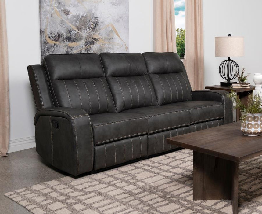 Raelynn - Upholstered Track Arm Motion Sofa - Gray – Reclining Sofas by Coaster Fine Furniture at Furniture Wholesale Plus , Nashville furniture store