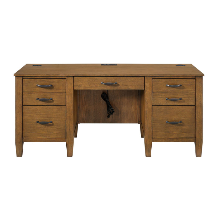 Portico - Double Pedestal Desk With Power / USB - Brown Oak – Writing Desks by Elements International at Furniture Wholesale Plus , Nashville furniture store