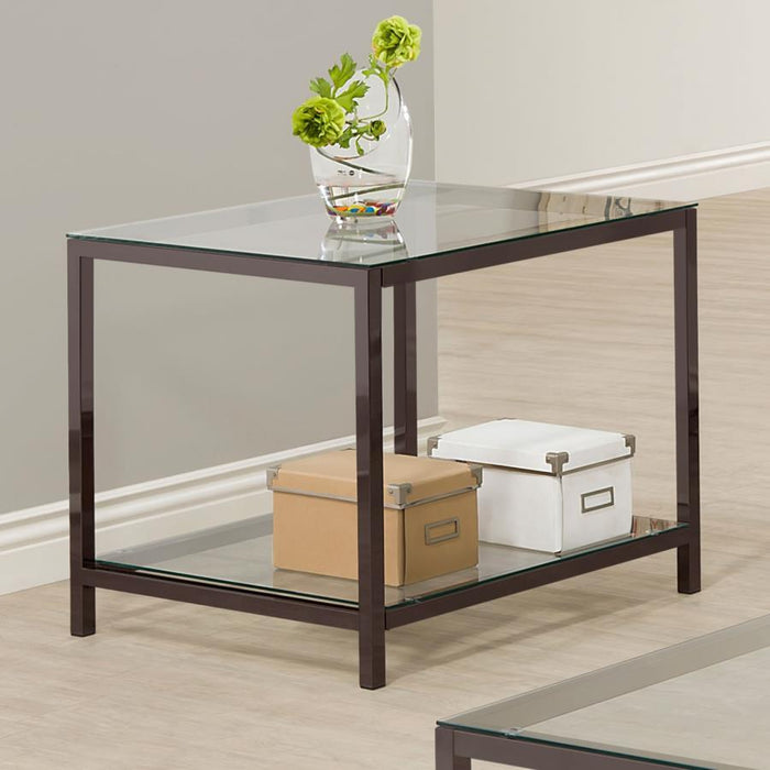 Trini - 1-Shelf Glass Top Side End Table - Black Nickel – End Tables by CoasterEssence at Furniture Wholesale Plus , Nashville furniture store