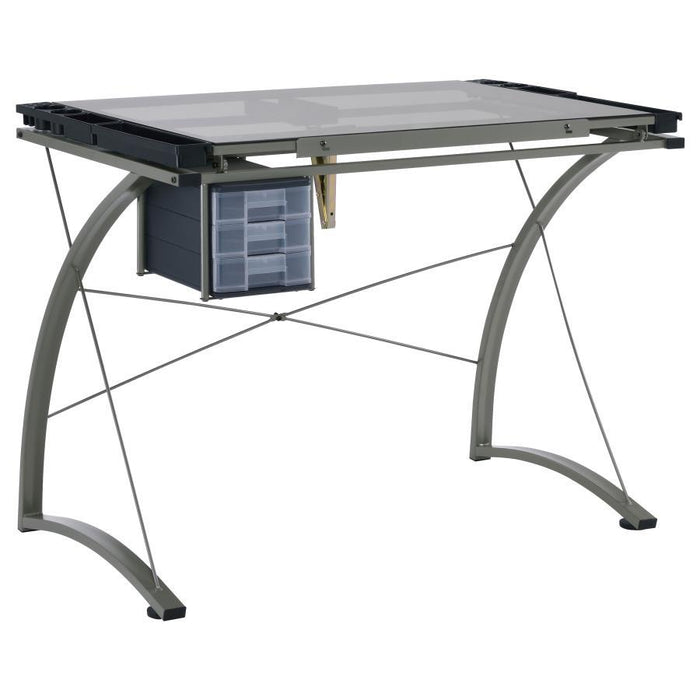 Melo - Glass Top Drafting Table With Storage - Silver – Writing Desks by CoasterEveryday at Furniture Wholesale Plus , Nashville furniture store
