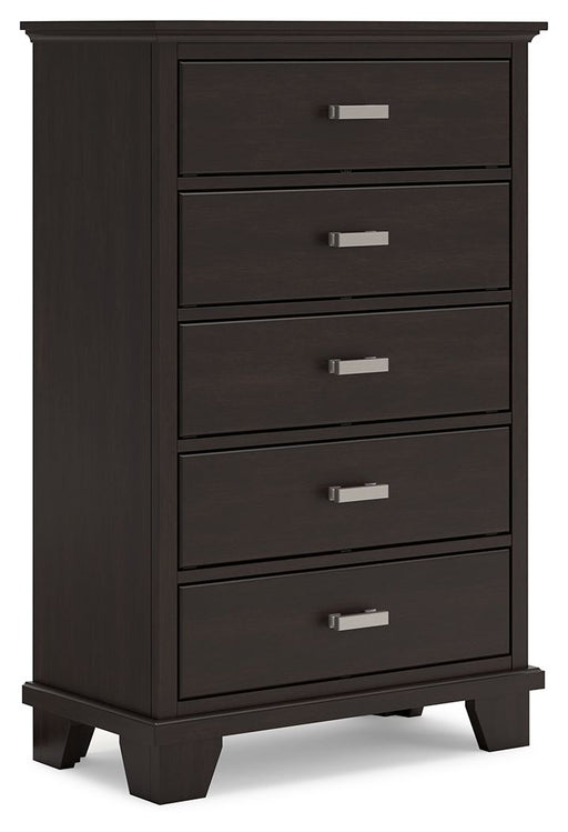 Covetown - Dark Brown - Five Drawer Chest - Premium Accent Chests from Signature Design by Ashley® - Just $328! Shop now at Furniture Wholesale Plus  We are the best furniture store in Nashville, Hendersonville, Goodlettsville, Madison, Antioch, Mount Juliet, Lebanon, Gallatin, Springfield, Murfreesboro, Franklin, Brentwood