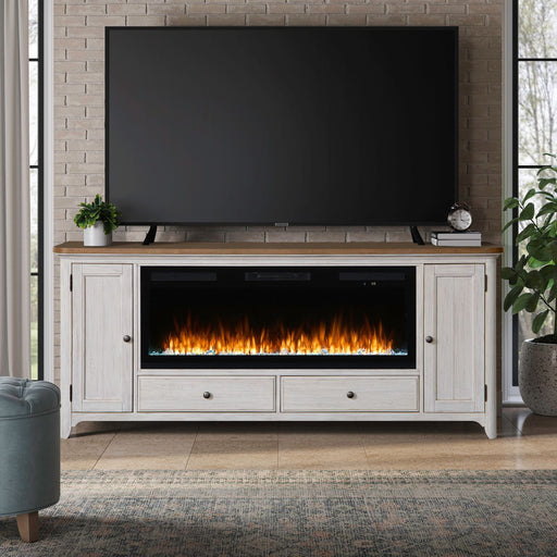 Fireplace TV Consoles - 80" Console With Fire FTS Set - Brown / White – Fireplace TV Stands by Liberty Furniture at Furniture Wholesale Plus , Nashville furniture store