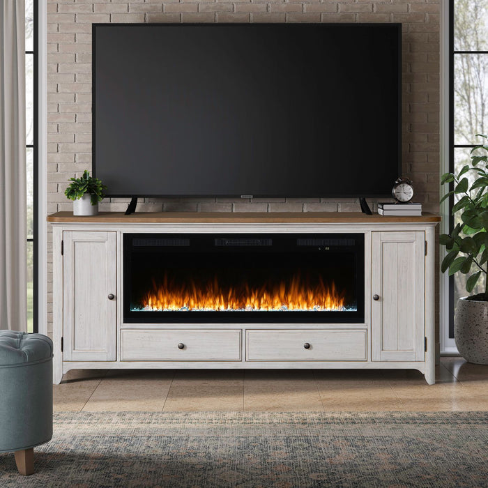 Fireplace TV Consoles - 80" Console With Fire FTS Set - Brown / White – Fireplace TV Stands by Liberty Furniture at Furniture Wholesale Plus , Nashville furniture store