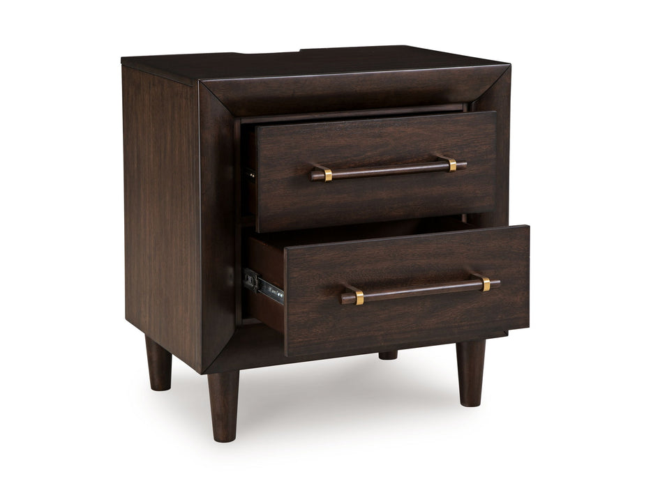Dantenton - Two Drawer Night Stand - Merlot – Nightstands w/ Charging Stations by Benchcraft® at Furniture Wholesale Plus , Nashville furniture store