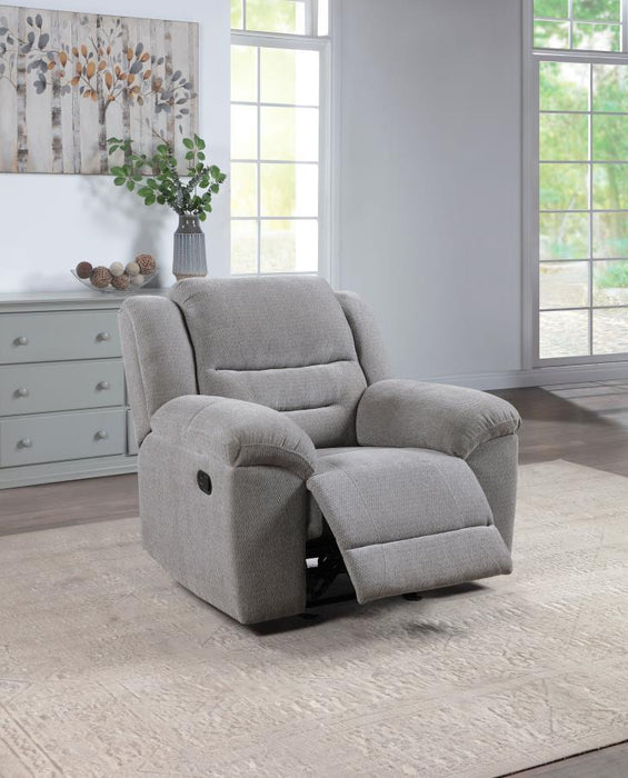 Gilson - Chenille Upholstered Reclining Glider Recliner - Gray – Glider Chairs by Coaster Fine Furniture at Furniture Wholesale Plus , Nashville furniture store