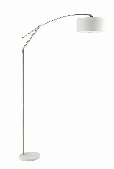 Moniz Adjustable Arched Arm Floor Lamp Chrome and White - Premium Lamp from Coaster Z2 Standard - Just $206! Shop now at Furniture Wholesale Plus  We are the best furniture store in Nashville, Hendersonville, Goodlettsville, Madison, Antioch, Mount Juliet, Lebanon, Gallatin, Springfield, Murfreesboro, Franklin, Brentwood