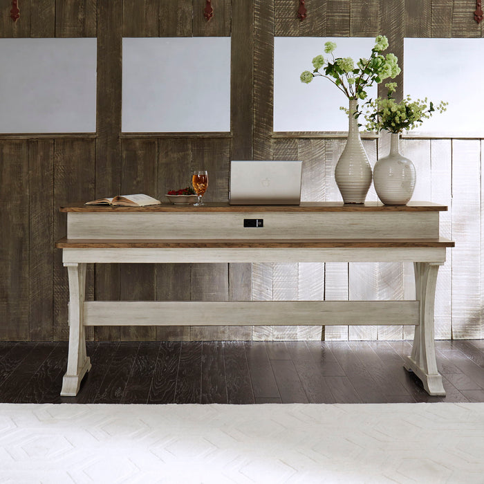 Farmhouse Reimagined - Console Bar Table - Antique White / Chestnut Tops – Console Tables by Liberty Furniture at Furniture Wholesale Plus , Nashville furniture store