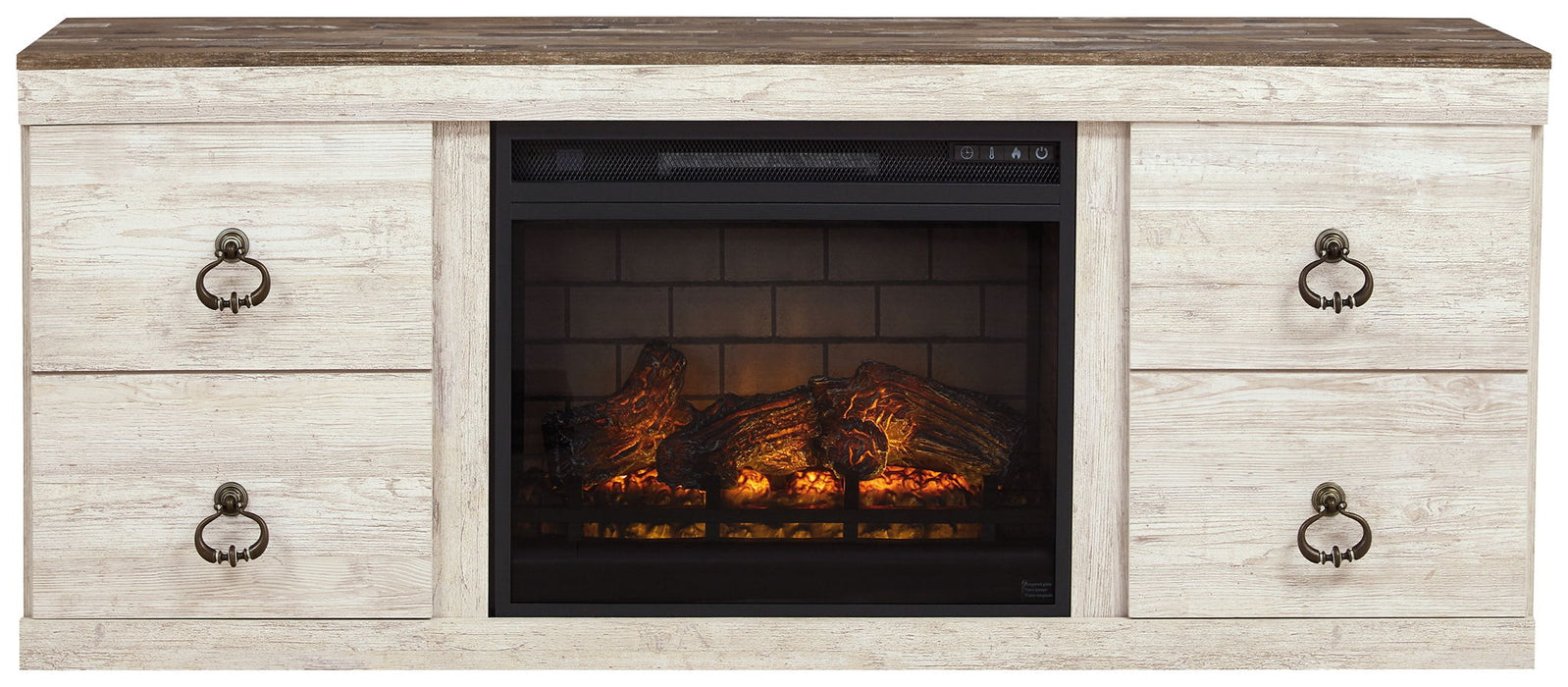 Willowton - 2 Pc. - TV Stand With Faux Firebrick Fireplace Insert - Whitewash – Fireplace TV Stands by Signature Design by Ashley® at Furniture Wholesale Plus , Nashville furniture store
