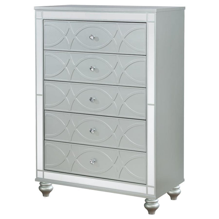 Gunnison - 5-Drawer Bedroom Chest - Silver Metallic – Accent Chests by CoasterEssence at Furniture Wholesale Plus , Nashville furniture store
