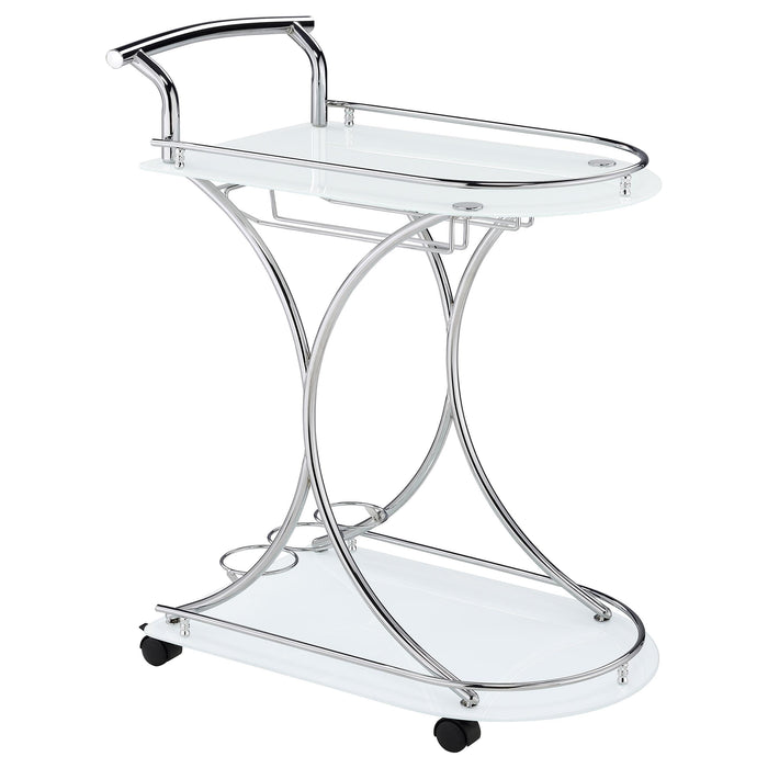 Elfman 2-shelve Serving Cart Chrome and White - Premium Bar Cart from Coaster Z2 Standard - Just $118! Shop now at Furniture Wholesale Plus  We are the best furniture store in Nashville, Hendersonville, Goodlettsville, Madison, Antioch, Mount Juliet, Lebanon, Gallatin, Springfield, Murfreesboro, Franklin, Brentwood