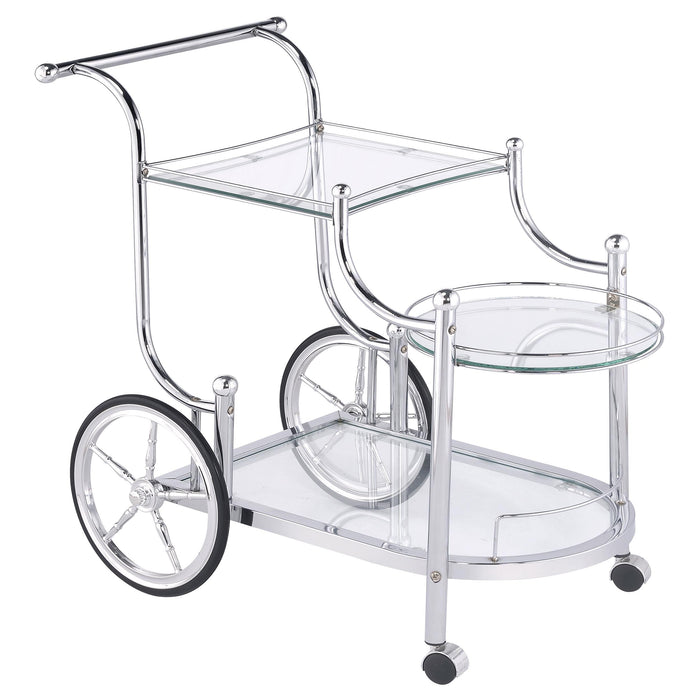 Sarandon 3-tier Serving Cart Chrome and Clear - Premium Bar Cart from Coaster Z2 Standard - Just $138! Shop now at Furniture Wholesale Plus  We are the best furniture store in Nashville, Hendersonville, Goodlettsville, Madison, Antioch, Mount Juliet, Lebanon, Gallatin, Springfield, Murfreesboro, Franklin, Brentwood