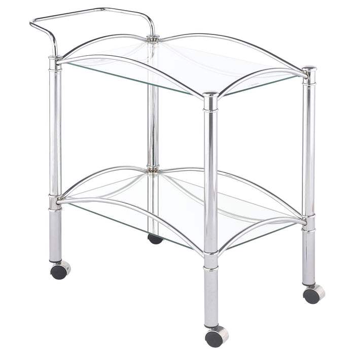 Shadix 2-tier Serving Cart with Glass Top Chrome and Clear - Premium Bar Cart from Coaster Z2 Standard - Just $98! Shop now at Furniture Wholesale Plus  We are the best furniture store in Nashville, Hendersonville, Goodlettsville, Madison, Antioch, Mount Juliet, Lebanon, Gallatin, Springfield, Murfreesboro, Franklin, Brentwood