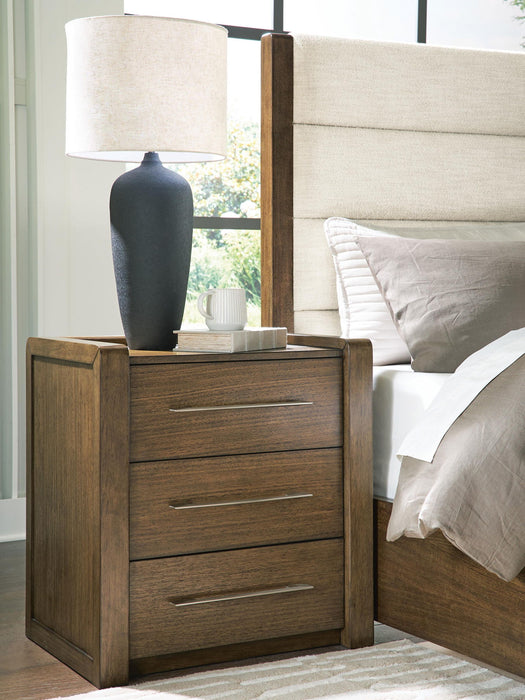 Marxmore - Three Drawer Night Stand - Brown – Nightstands w/ Charging Stations by Benchcraft® at Furniture Wholesale Plus , Nashville furniture store