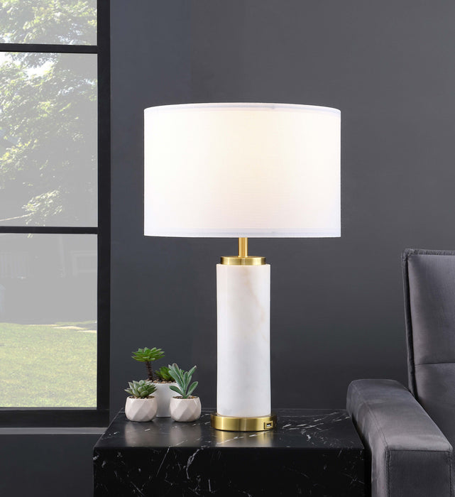 Lucius Drum Shade Bedside Table Lamp White and Gold - Premium Lamp from Coaster Z2 Standard - Just $122! Shop now at Furniture Wholesale Plus  We are the best furniture store in Nashville, Hendersonville, Goodlettsville, Madison, Antioch, Mount Juliet, Lebanon, Gallatin, Springfield, Murfreesboro, Franklin, Brentwood