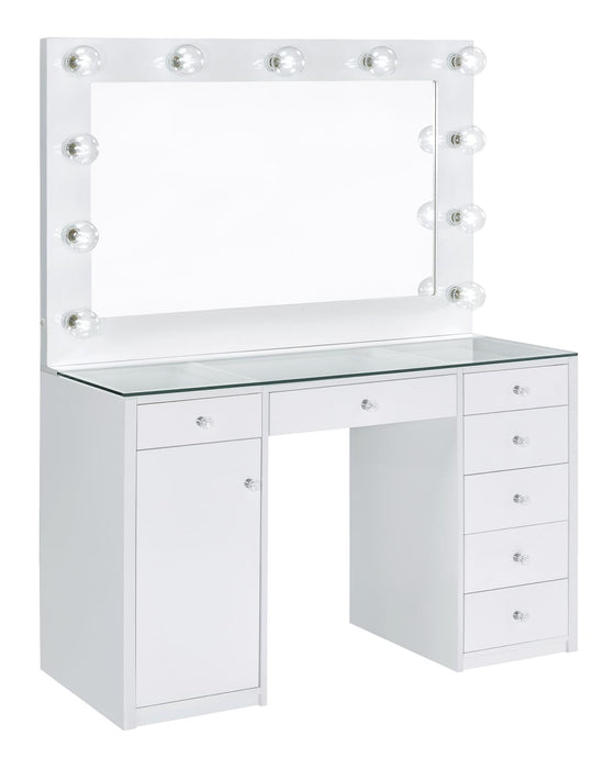 Percy 7-drawer Glass Top Vanity Desk with Lighting White - Premium Vanity Set from Coaster Z2 Standard - Just $678! Shop now at Furniture Wholesale Plus  We are the best furniture store in Nashville, Hendersonville, Goodlettsville, Madison, Antioch, Mount Juliet, Lebanon, Gallatin, Springfield, Murfreesboro, Franklin, Brentwood