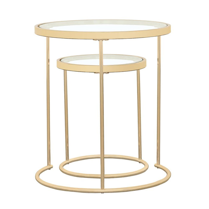 Maylin 2-piece Round Glass Top Nesting Tables Gold - Premium Table Set from Coaster Z2 Standard - Just $134! Shop now at Furniture Wholesale Plus  We are the best furniture store in Nashville, Hendersonville, Goodlettsville, Madison, Antioch, Mount Juliet, Lebanon, Gallatin, Springfield, Murfreesboro, Franklin, Brentwood