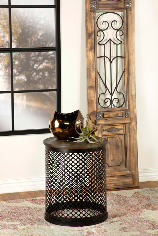 Aurora Round Accent Table with Drum Base Natural and Black - Premium End Table from Coaster Z2 Standard - Just $198! Shop now at Furniture Wholesale Plus  We are the best furniture store in Nashville, Hendersonville, Goodlettsville, Madison, Antioch, Mount Juliet, Lebanon, Gallatin, Springfield, Murfreesboro, Franklin, Brentwood