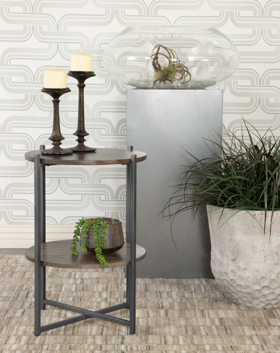 Axel Round Accent Table with Open Shelf Natural and Gunmetal - Premium End Table from Coaster Z2 Standard - Just $210! Shop now at Furniture Wholesale Plus  We are the best furniture store in Nashville, Hendersonville, Goodlettsville, Madison, Antioch, Mount Juliet, Lebanon, Gallatin, Springfield, Murfreesboro, Franklin, Brentwood