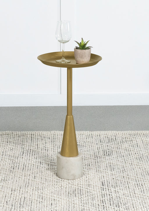 Alpine Round Metal Side Table White and Gold - Premium End Table from Coaster Z2 Standard - Just $118! Shop now at Furniture Wholesale Plus  We are the best furniture store in Nashville, Hendersonville, Goodlettsville, Madison, Antioch, Mount Juliet, Lebanon, Gallatin, Springfield, Murfreesboro, Franklin, Brentwood