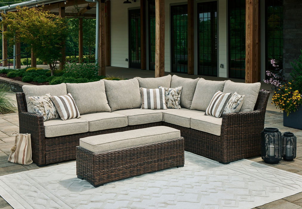 Brook Ranch - Brown - Sofa Sectional, Bench With Cushion (Set of 3) - Premium 3 Piece Outdoor Sets from Signature Design by Ashley® - Just $2128! Shop now at Furniture Wholesale Plus  We are the best furniture store in Nashville, Hendersonville, Goodlettsville, Madison, Antioch, Mount Juliet, Lebanon, Gallatin, Springfield, Murfreesboro, Franklin, Brentwood
