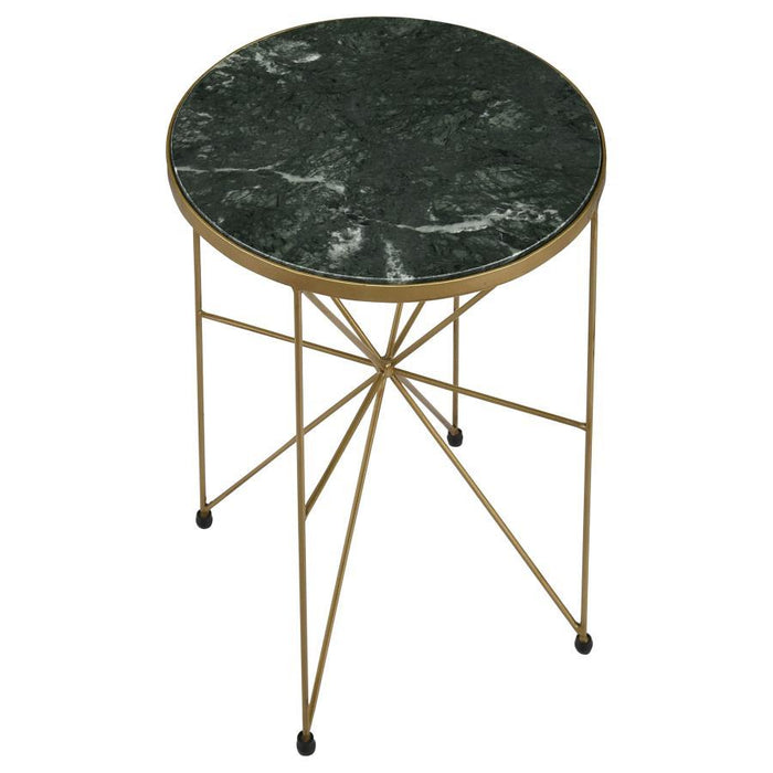 Eliska - Round Green Marble Top Accent Side Table - Antique Gold – Side Tables by CoasterEssence at Furniture Wholesale Plus , Nashville furniture store