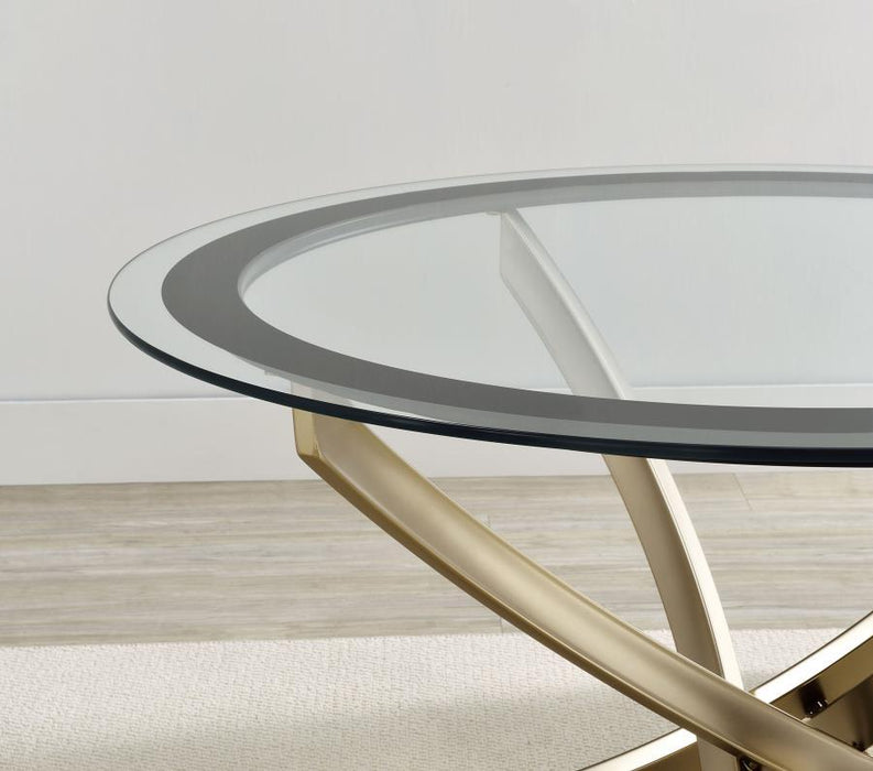 Brooke - Round Glass Top Coffee Table Metal Base – Coffee Tables by CoasterEssence at Furniture Wholesale Plus , Nashville furniture store